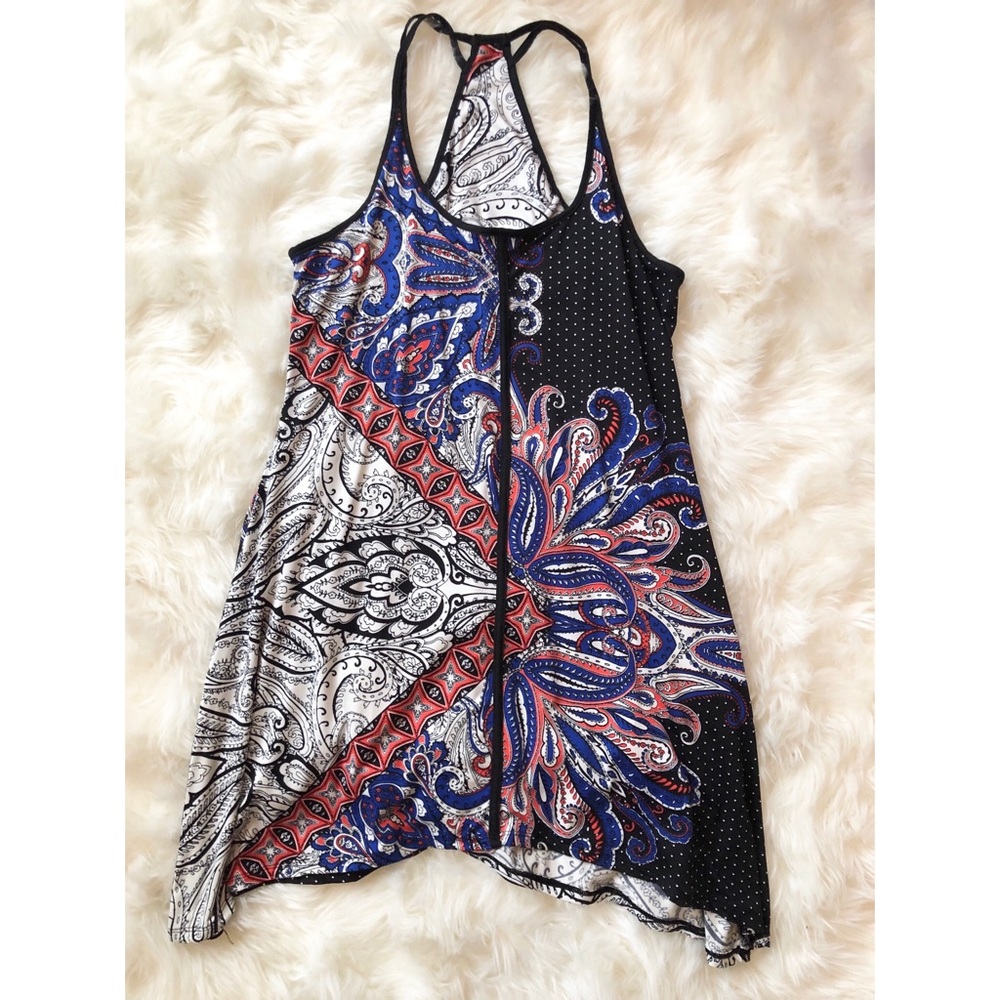Red, white, black & blue printed dress